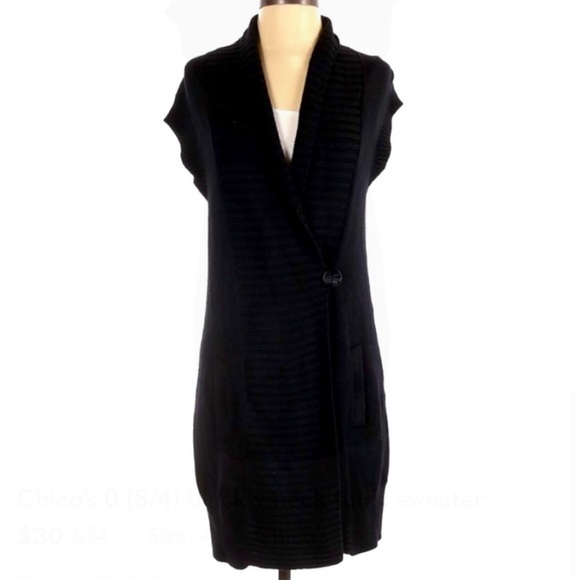 Chico’s 0 (S/4) black v neck tunic length short sleeve 1 button cardigan sweater - Picture 6 of 6